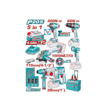 TOTAL Σετ Εργαλείων Μπαταρίας 20V (2x4.0Ah) - 5 Τεμάχια
