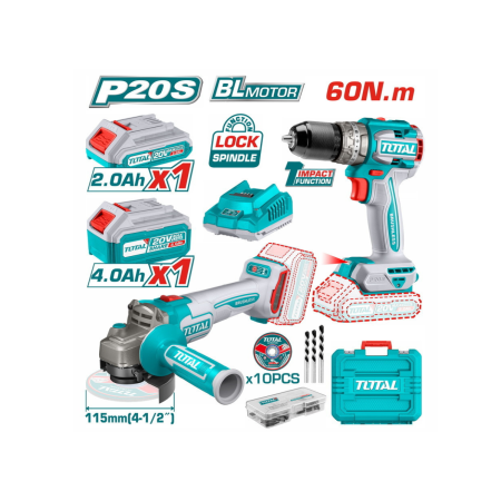 TOTAL Σετ Δραπανοκατσάβιδο Κρουστικό & Γωνιακός Τροχός 20V (1x4.0Ah, 1x2.0Ah)