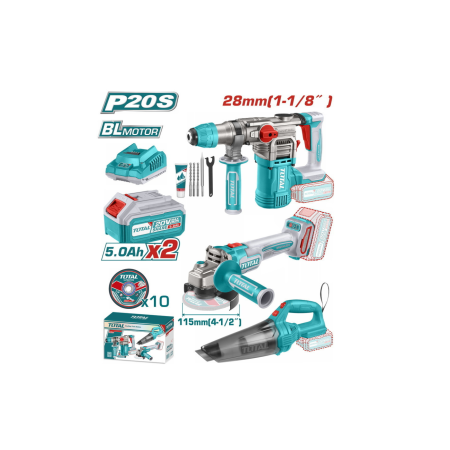 TOTAL ΕΠΑΓΓ. ΣΕΤ ΠΝΕΥΜΑΤΙΚΟ + ΓΩΝΙΑΚΟΣ ΤΡΟΧΟΣ + ΣΚΟΥΠΑΚΙ ΜΠΑΤ. Li-ion 20V / 5Ah / 2 ΜΠΑΤ