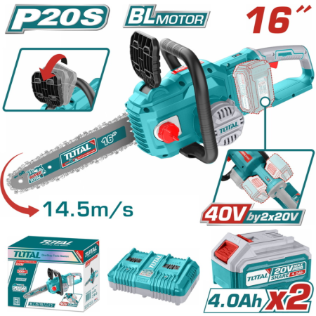 TOTAL Σετ Επαγγελματικο Αλυσοπριονο Μπατ. Li-Ion 40V / 4Ah / 2 Μπαταριες